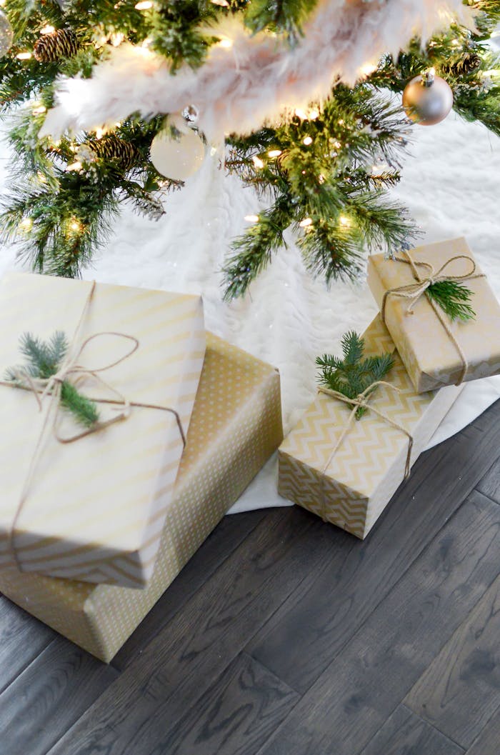 gallery-5 Beautifully wrapped Christmas gifts under a festive tree with glowing lights.